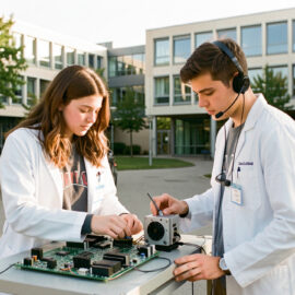 Vue réaliste d’un campus scientifique toulousain montrant une jeune femme et un jeune homme étudiant examinant un circuit électronique, avec un prototype de satellite en arrière-plan.