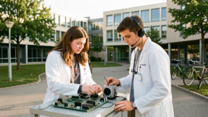 Vue réaliste d’un campus scientifique toulousain montrant une jeune femme et un jeune homme étudiant examinant un circuit électronique, avec un prototype de satellite en arrière-plan.