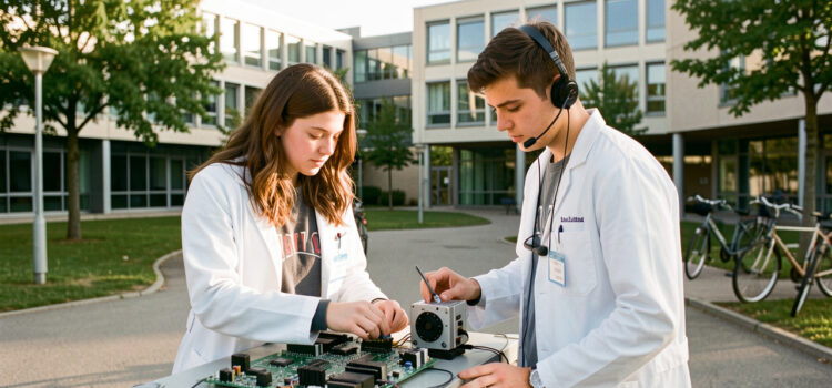 Quelles formations choisir pour les entreprises du spatial qui recrutent près de Toulouse ? Vue réaliste d’un campus scientifique toulousain montrant une jeune femme et un jeune homme étudiant examinant un circuit électronique, avec un prototype de satellite en arrière-plan.