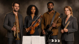 Portrait éditorial réaliste de quatre artistes musiciens devenus acteurs dans un studio de cinéma, entourés d’instruments, de partitions vierges et d’un clap de tournage sans inscription, sous une lumière douce.