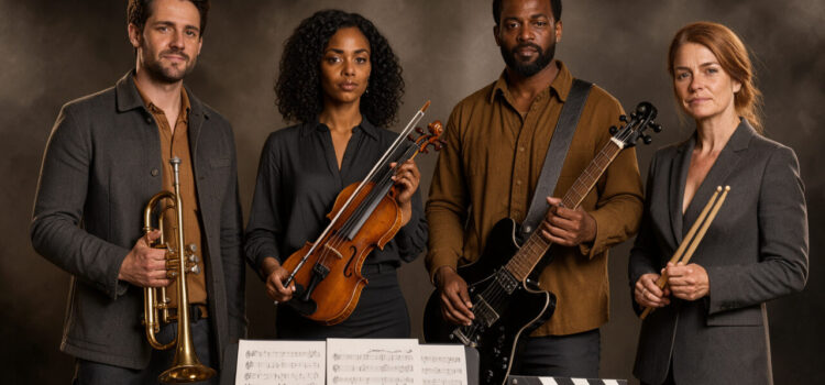 Quels musiciens acteurs choisir pour étudier réussites et risques au cinéma ? Portrait éditorial réaliste de quatre artistes musiciens devenus acteurs dans un studio de cinéma, entourés d’instruments, de partitions vierges et d’un clap de tournage sans inscription, sous une lumière douce.