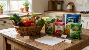 Table de cuisine française éclairée par la lumière naturelle, avec un panier de légumes de saison, des produits de supermarché sans marque, un ticket vierge et des étiquettes de prix vierges.